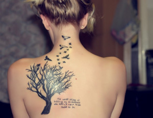 Art Tree and Bird Tattoo Design for Back of Girl