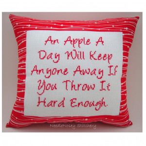 ... Stitch Pillow, Cross Stitch Quote, Red Pillow, An Apple A Day Quote