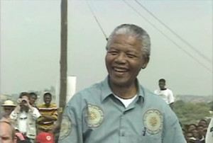 An undated image taken from footage of Nelson Mandela at a rally.