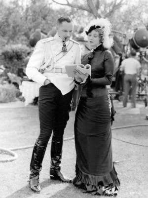 Fredric March and Betty Blythe go over their lines during filming of ...