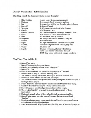 ... , Object Test, Epic Poems, Include Matching, Beowulf, High Schools