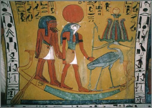 The Egyptian sun god Ra traveled across the sky during the day and ...