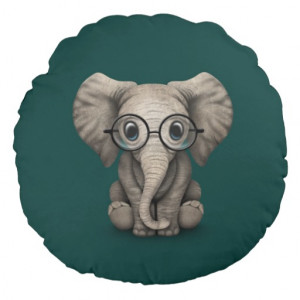 Cute Baby Elephant with Reading Glasses Teal Blue Round Pillow