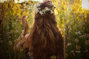 back, daisies, field, flowers, girl, hair, hippie