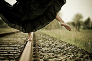 bare feet, girl, lines, railroad, railroad tracks, skirt
