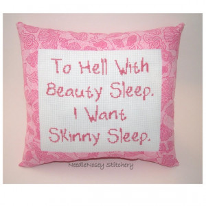 Funny Cross Stitch Pillow, Pink Pillow, Skinny Quote