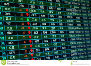Stock market quotes on an electronic board.