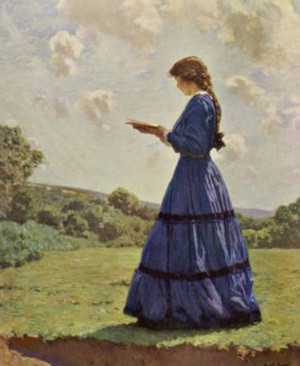 Girl stands in a field reading her book' Harold Knight (1874-1961)