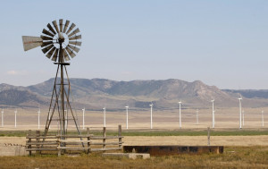... wind turbines in the background, at a wind farm near Milford, Utah May