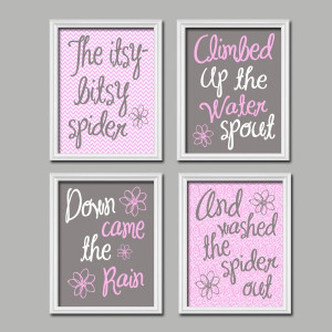Cute Pink Grey Itsy-Bitsy Spider Quote Nursery Song Print Artwork Set ...