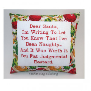 Funny Cross Stitch Christmas Pillow, Red Pillow, Dear Santa Quote