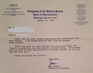 When my sister-in-law was 13, she wrote a letter to her Congress ...