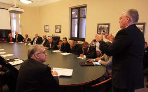 Gov. Jay Nixon speaks with the new members of the Ferguson Commission ...