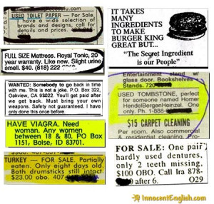 Funny Newspaper Classified Ads- Page One