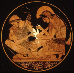 Achilles tending Patroclus' wounds from a red-figure kylix by the ...