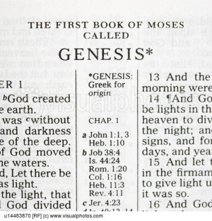Close up of verses of Genesis in Holy Bible.