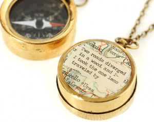 Small Map Compass Necklace with Rob ert Frost or Personalized Quote ...