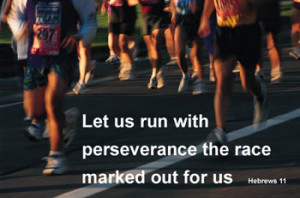 ... of athletes running and bible text let us run with perseverance