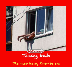 Tanning beds is a funny picture of a woman tanning through a window.