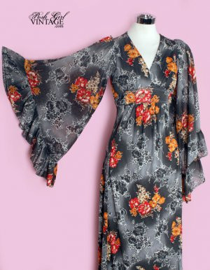 1960's Floral Print Long Rich Hippie Angel Wing Maxi Dress- M