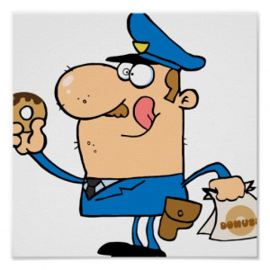 funny cartoon cop eating donuts posters