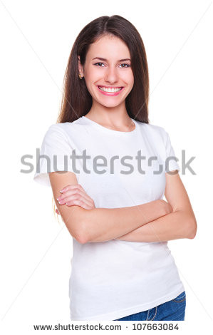 woman in white t-shirt standing against white background - stock photo ...