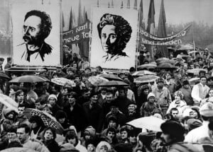 East Berlin carry portraits of both German socialist Karl Liebknecht ...