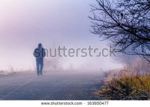person walk into the misty foggy road in a dramatic sunrise scene ...