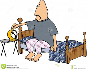 ... created depicts a man sitting on his bed and checking an alarm clock