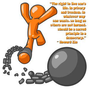 Orange Man Breaking Free From Ball & Chain. By Leo Blanchette.