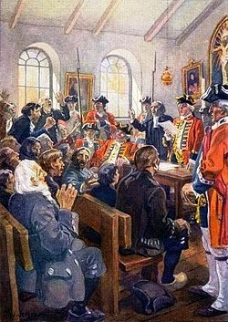Lecture de l'ordre de déportation à un groupe d'Acadiens en 1755.