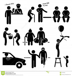 set of pictograms representing a kind man helping people in need.