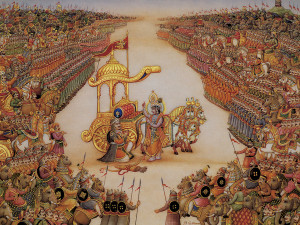 arjuna l being counseled by krishna before the big battle