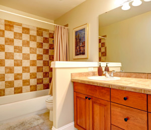 Basement Bathroom with checker board style wall trim