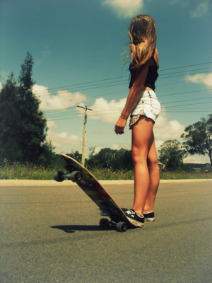 girl, hair, jeans, longboard, short, sk8, skate, sky, summer