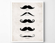Moustache and French Saying Wall Ar t. Featuring: bonjour, je t'aime ...