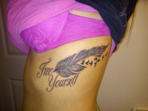 Free Yourself - Feather And Birds Side Rib Women Tattoo