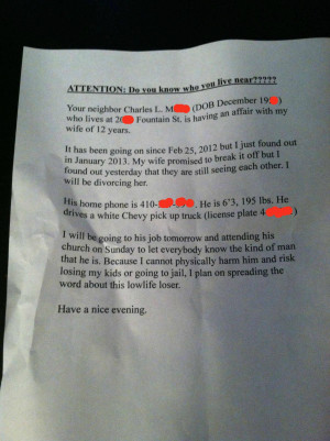 ... passive aggressive note to his neighbors about his cheating wife