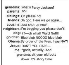 This is so my family when someone asked me what Percy Jackson is about ...