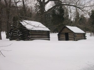 Valley Forge cabin in the winter snow