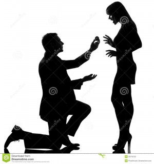 One caucasian couple men kneeling offering engagement ring and women ...