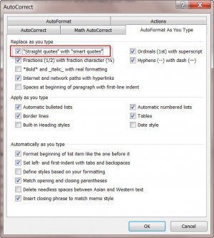 MS Word 2010 AutoCorrect screen Smart Quotes