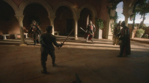 Syrio Forel confronts Ser Meryn Trant and Lannister guards.