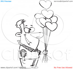 Cartoon of an Outlined Happy Man Holding out Valentine Heart Balloons ...