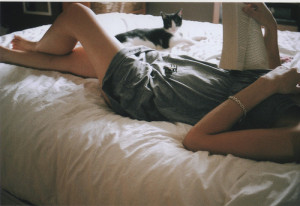 bed, book, cat, dress, girl, grey, reading