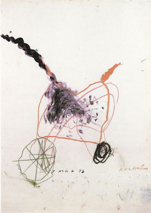 ANABASIS 1983 / OIL PAINT, WAX CRAYON, COLLAGE, PENCIL, 142 X 128 CM.
