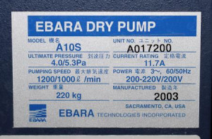EBARA A10S Dry Vacuum Pump - Rebuilt