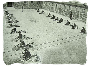 Hard labour by prisoners in the court yard of Robben Island prison ...