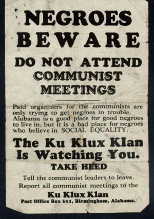 United States Ku Klux Klan poster from 1930s warning about communists ...