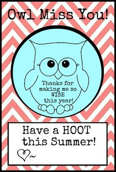 owl miss you - ADORABLE end of year card/gift tag for teacher cardgift ...